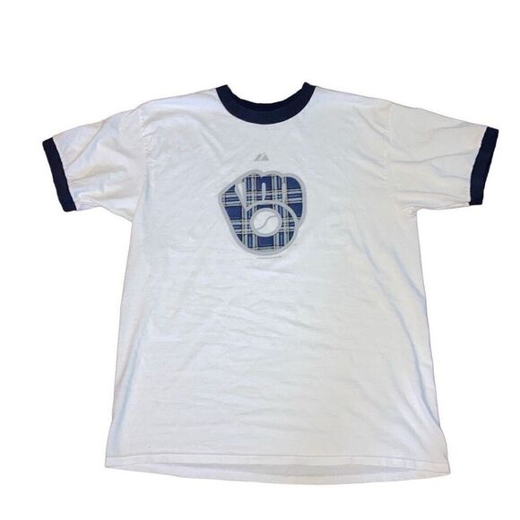 Vtg Y2K MLB Milwaukee Brewers Logo Short Sleeve Graphic Ringer Baseball T Shirt - Picture 1 of 5
